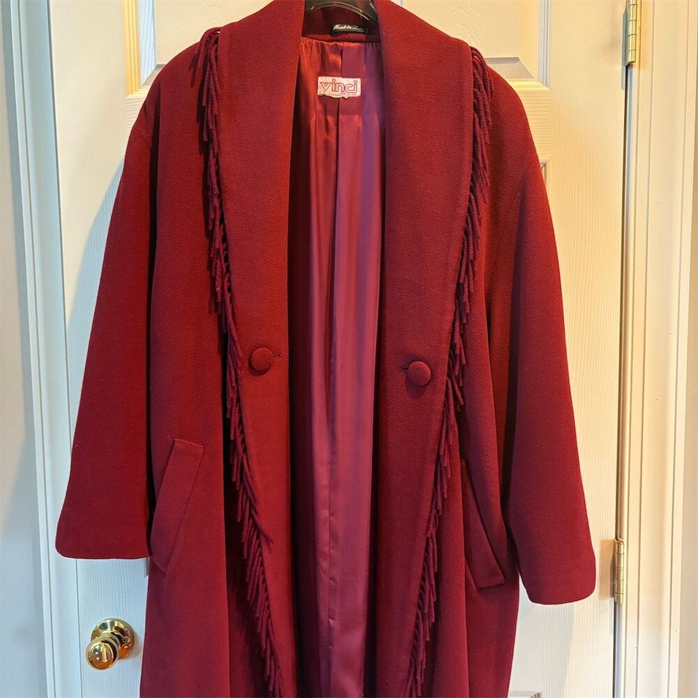 Vinci Women's Vintage Red Fringe Overcoat Size L Wool Lana & Cashmere‎ Blend